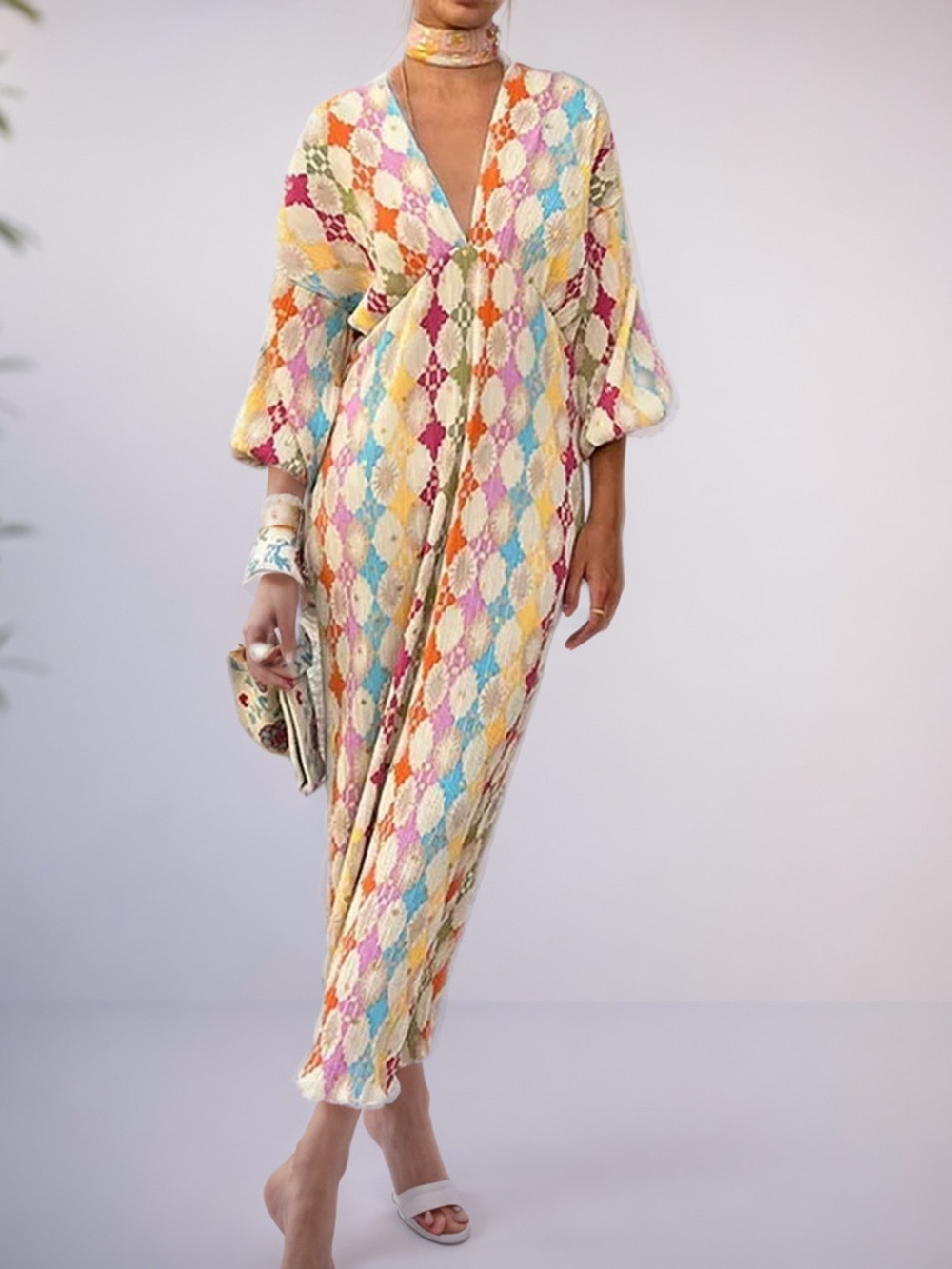 Full Size V-Neck Multi-Color Geometric Print Maxi Dress Plus Size